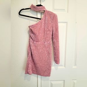 Pink full sequin one shoulder dress Size Small Sparkle Barbie Semi Formal